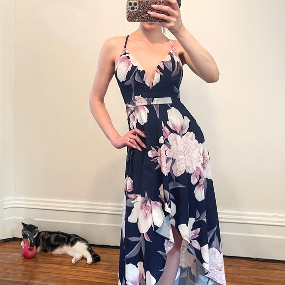 Dreamy, Dark Floral Surplice Maxi w/ Adjustable Crisscross Low Back - Picture 3 of 10